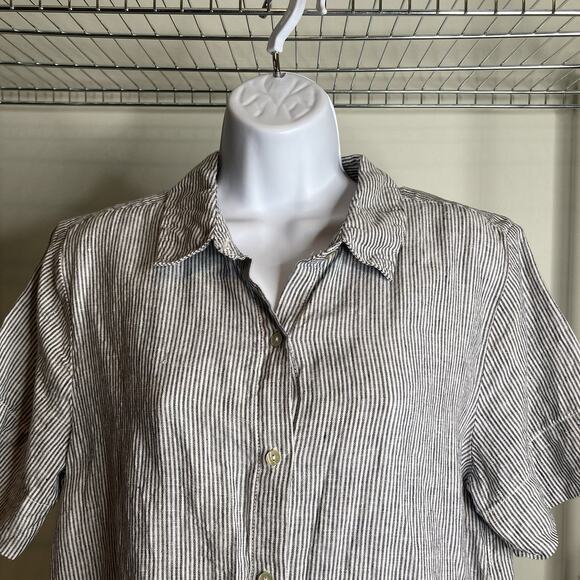 Tahari Women's Gray Pinstriped Linen Short Sleeve Button Up Shirt Size L Coastal - Picture 6 of 10
